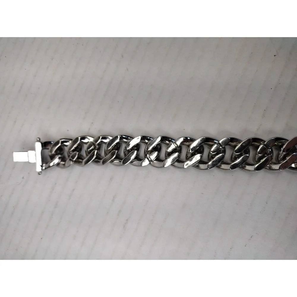 Miami Cuban Link Bracelet Silver Tone Solid Heavy Full Of Rhinestones Hip Hop